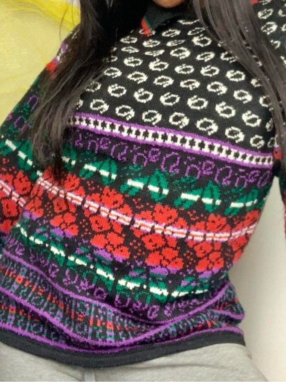 Multicolor Fair Isle Crewneck Sweater - Black with Red, Green & Purple